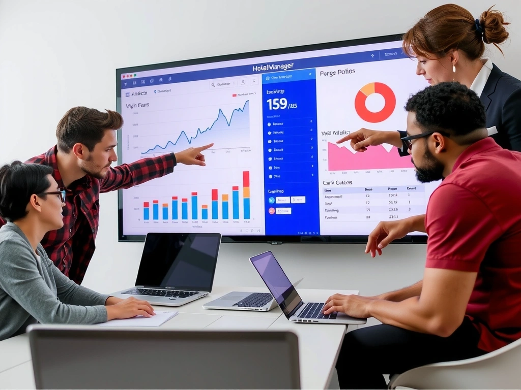 A team collaborating on a hotel management software interface, showing graphs and data for ChannelManagerPro.