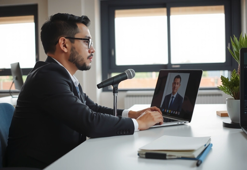 A person attending a professional webinar on a laptop, with a microphone and notepad, indicating active learning and engagement.