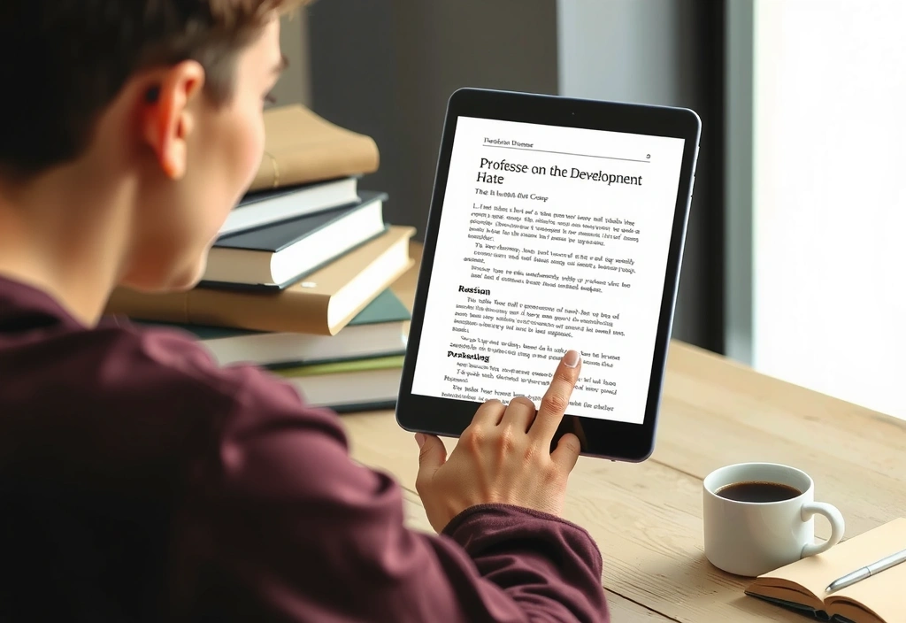 A person reading an article on a tablet, surrounded by books and a coffee cup, illustrating learning and knowledge acquisition.
