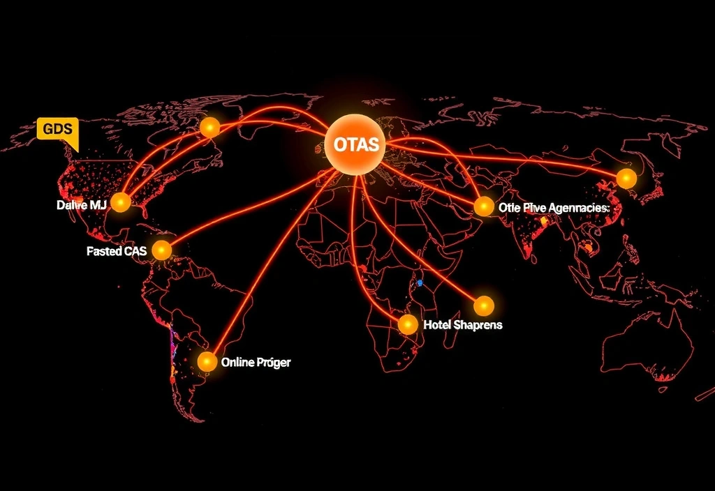 Global map showing interconnected booking channels