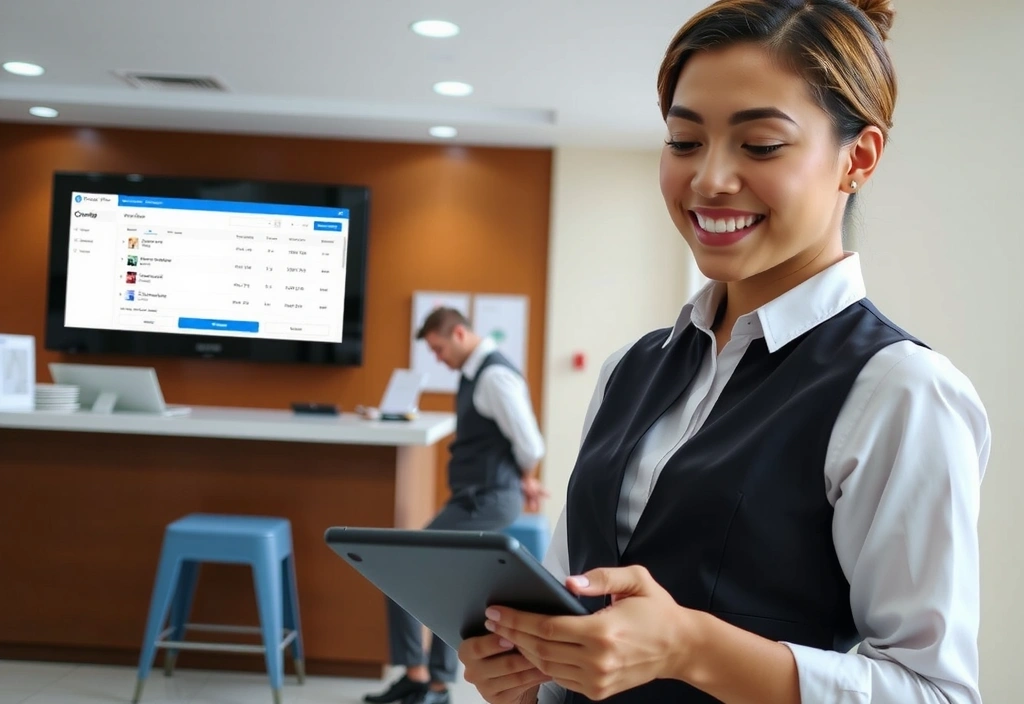 Hotelier managing bookings on a tablet with Channel Manager Pro