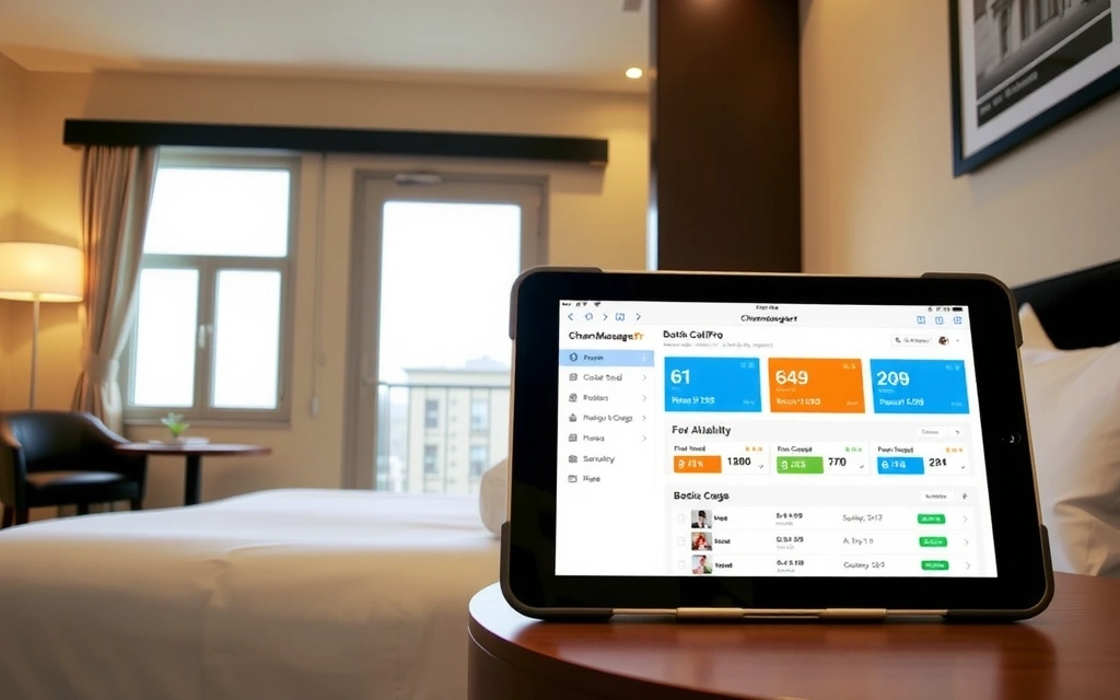 Hotel room with ChannelManagerPro interface on a tablet