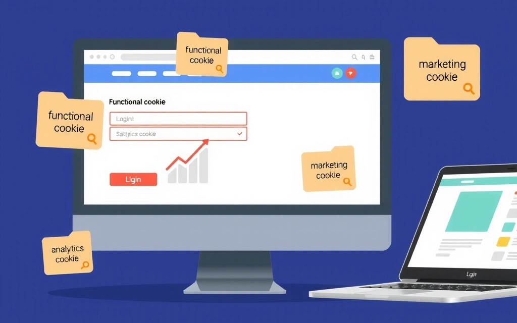 Illustrative image of a website interface with various cookie types highlighted