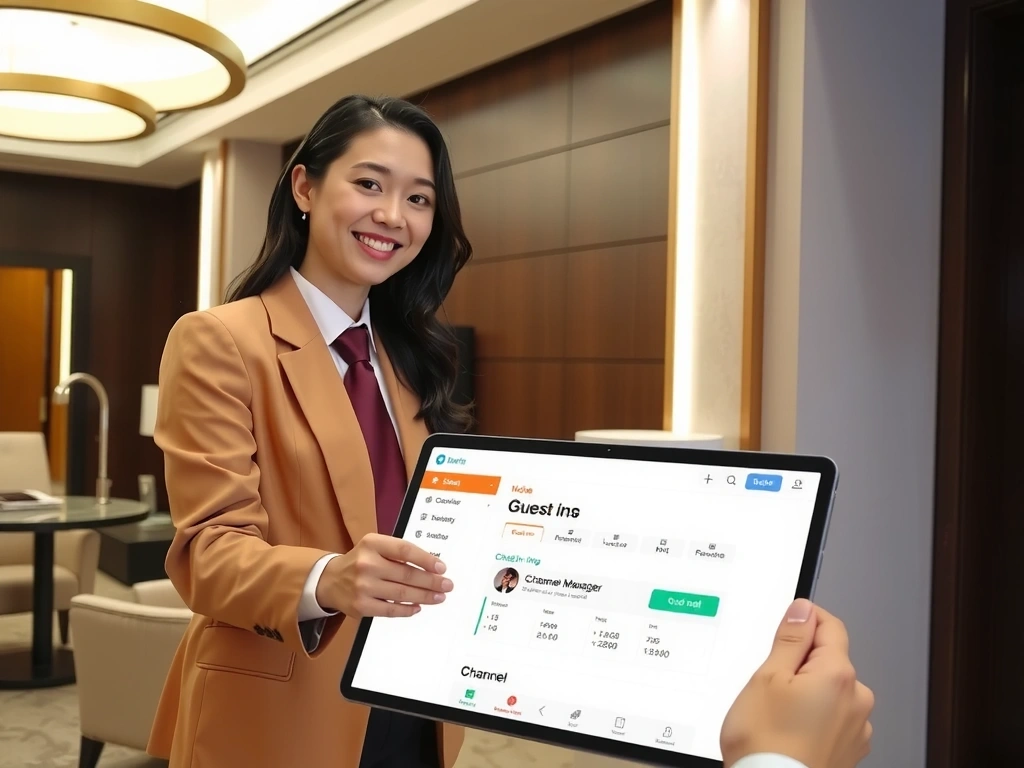 Modern hotel lobby with cloud PMS interface on a tablet, showing seamless operations