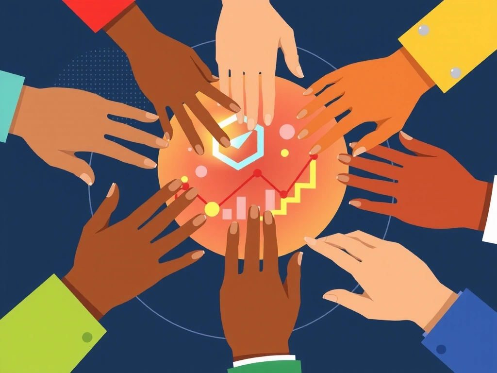 Illustration of hands collaborating around data points, showing data utilization and insights