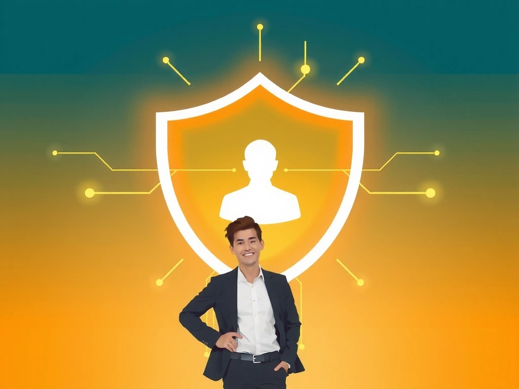 Illustration of a person standing firmly in front of a digital shield, representing data protection rights
