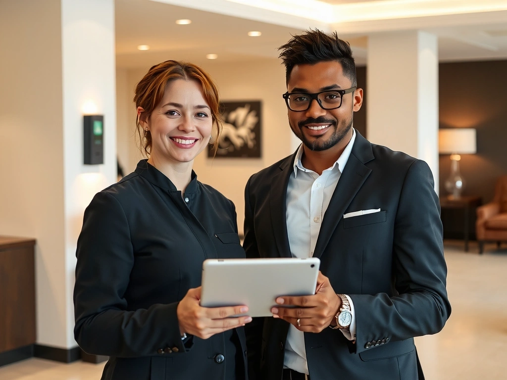 A professional hotelier using ChannelManagerPro on a tablet, smiling confidently as they manage bookings.