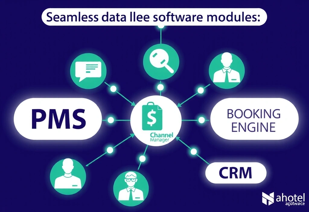 A stylized infographic showing data flowing seamlessly between different hotel management software modules