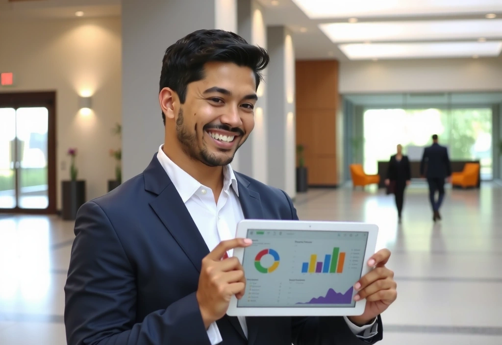 A hotel manager smiling while looking at a tablet displaying ChannelManagerPro analytics