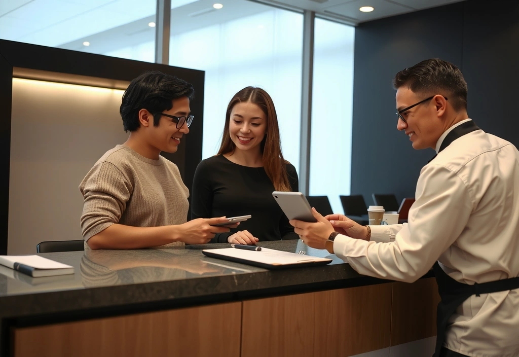 A hotel front desk with a staff member efficiently checking in a guest using a tablet