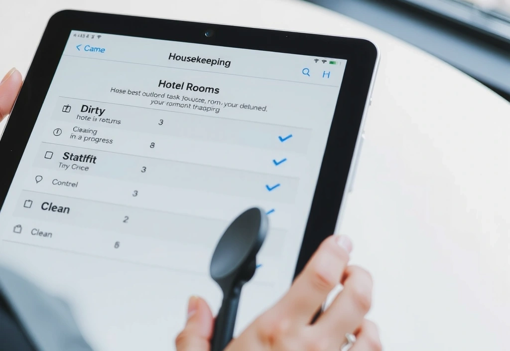 A tablet displaying a housekeeping task list for hotel rooms, showing completed and pending tasks
