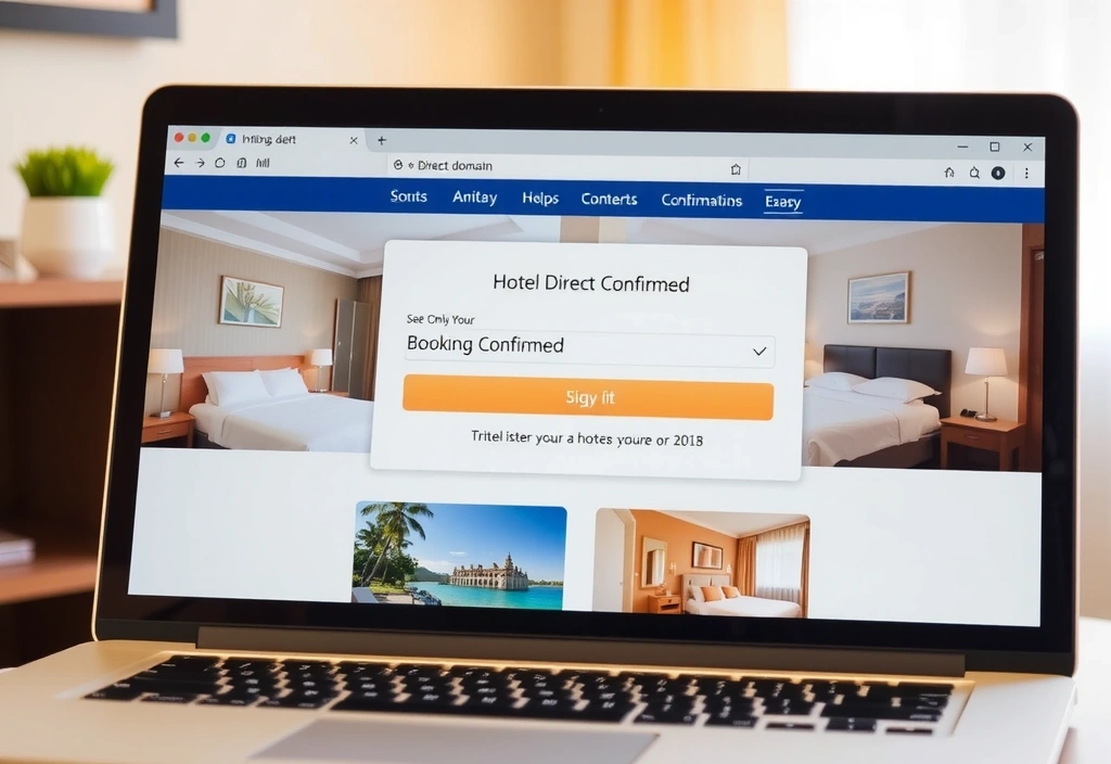 A laptop screen showing a hotel's direct booking website with a booking confirmation