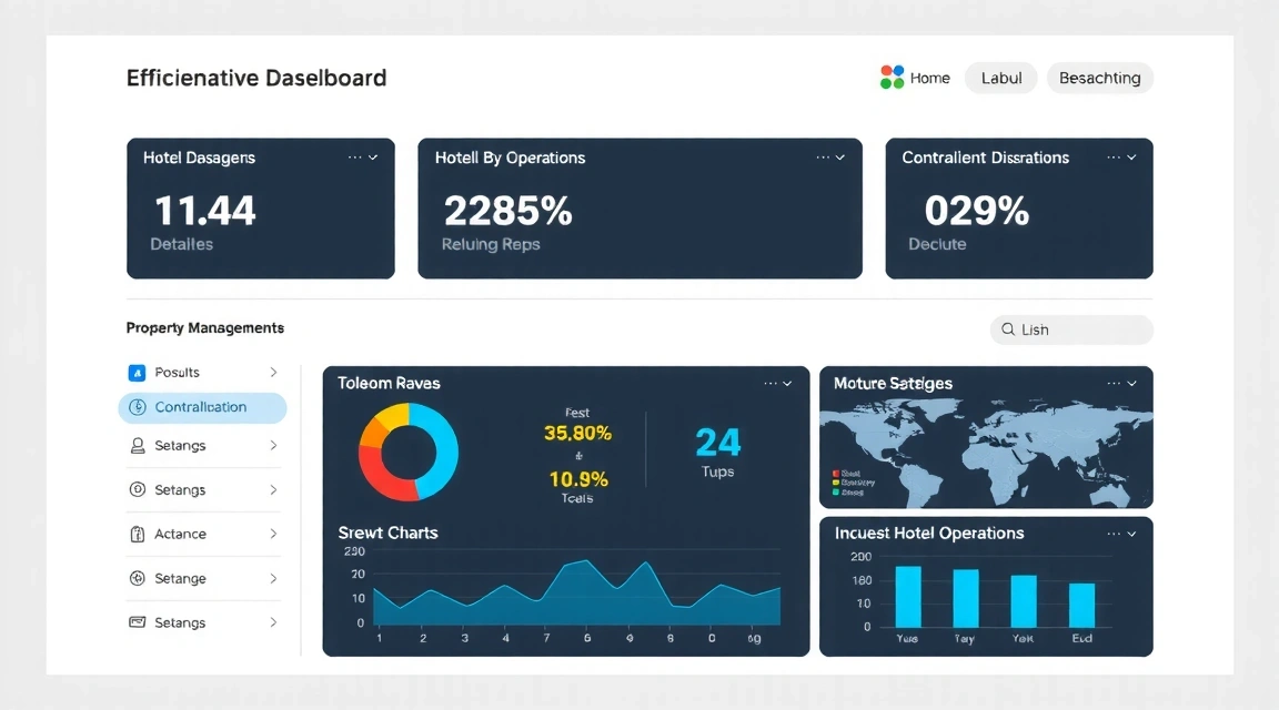 Illustration of a modern cloud-based property management system dashboard with charts and data